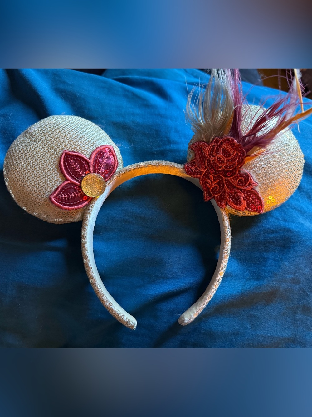 Ivory Sequin Mouse Ear Headband with Red Floral Appliqués